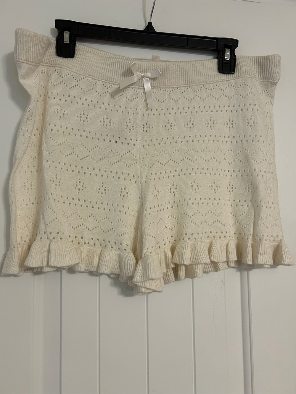 Cream Knit Ruffle-Hem Pajama Shorts